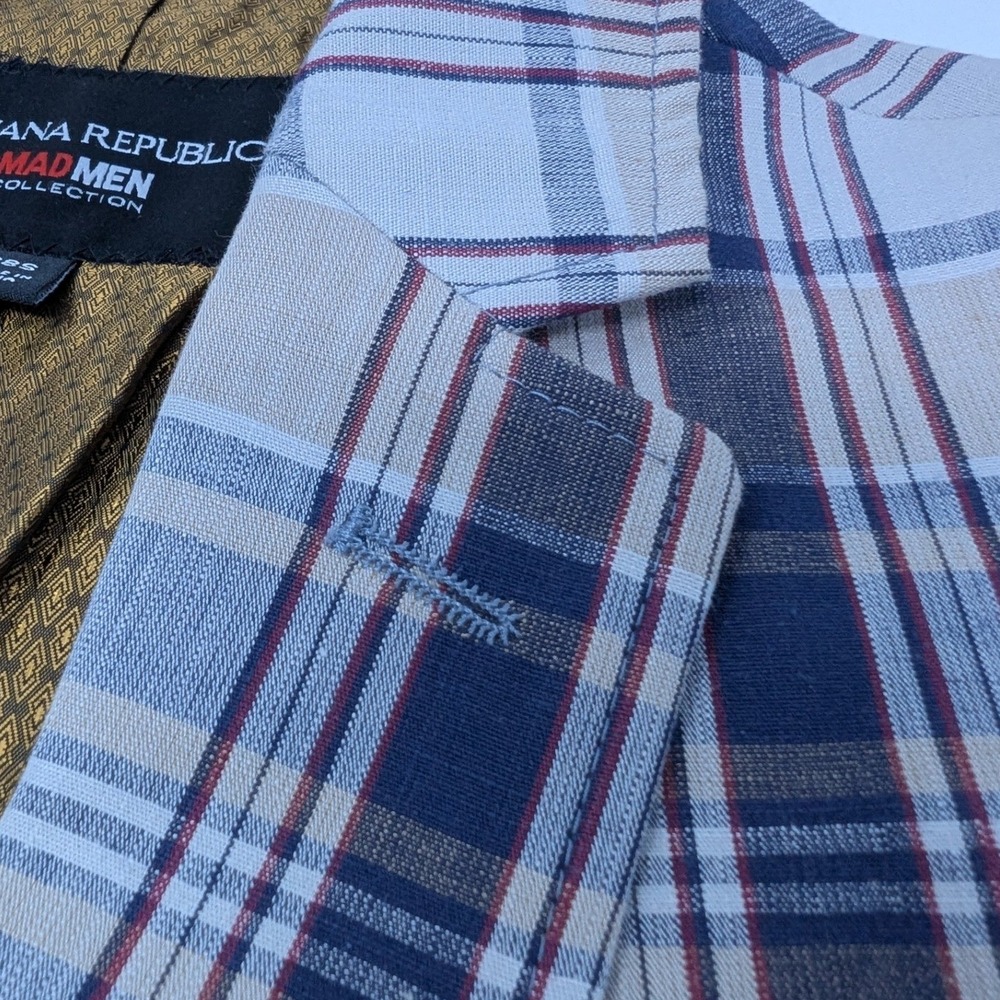 Banana Republic Mad Men Plaid Blazer 38S Tailored Slim Fit Navy Red Gold Lining - Picture 14 of 16